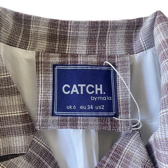 Catch by Mala Plaid Double Breasted Blazer Brown Cream Size 2 Oversized Fit - Picture 3 of 11